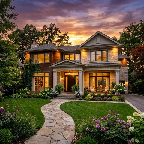 A welcoming family home at sunset, its windows glowing warmly above a garden path