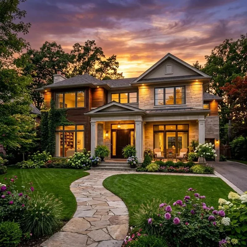 A welcoming family home at sunset, its windows glowing warmly above a garden path