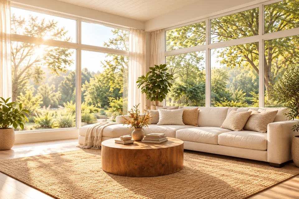 A calm, sunlit living room with a cream sofa, green plants and tall windows onto trees