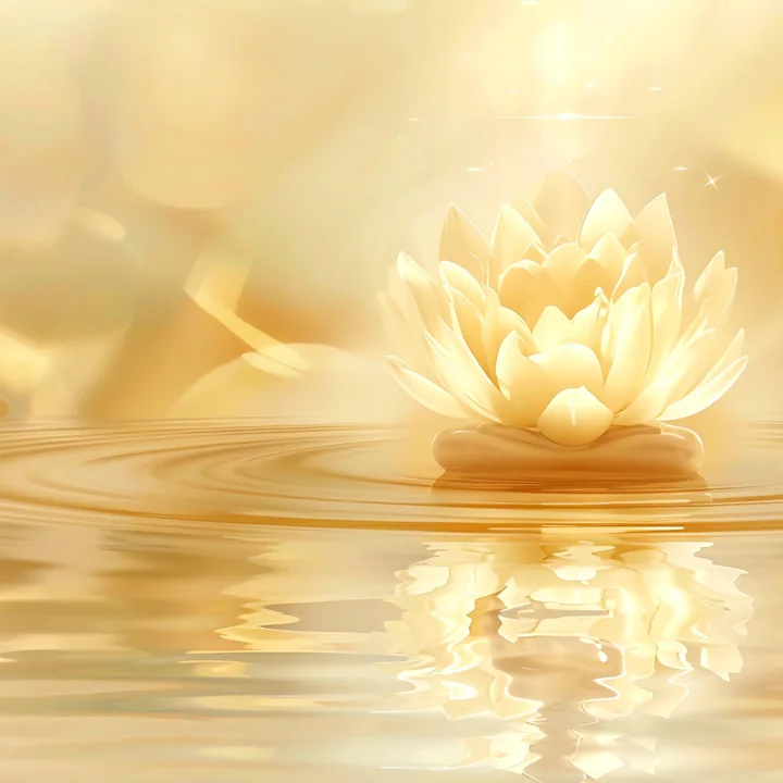 A white lotus on still water, lit from above by a column of golden light