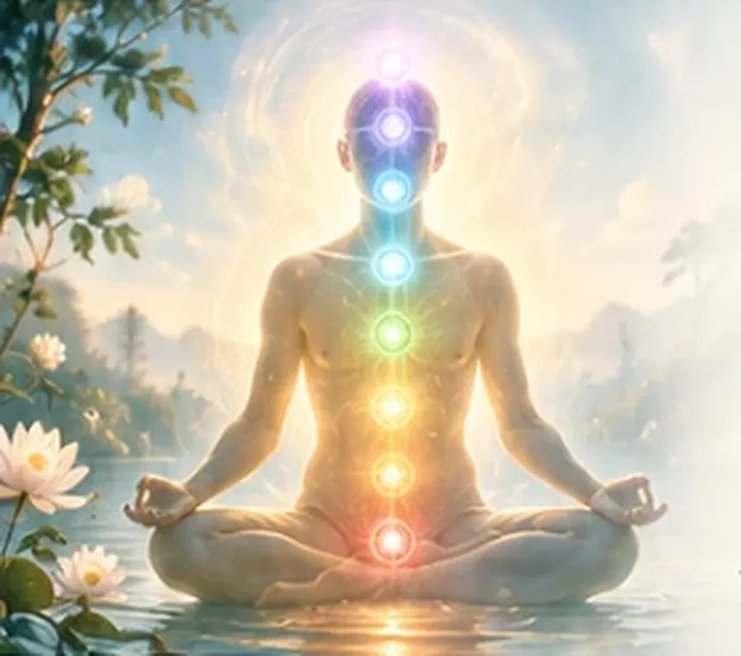 A figure seated in meditation by the water at sunrise, the seven chakras glowing along the spine