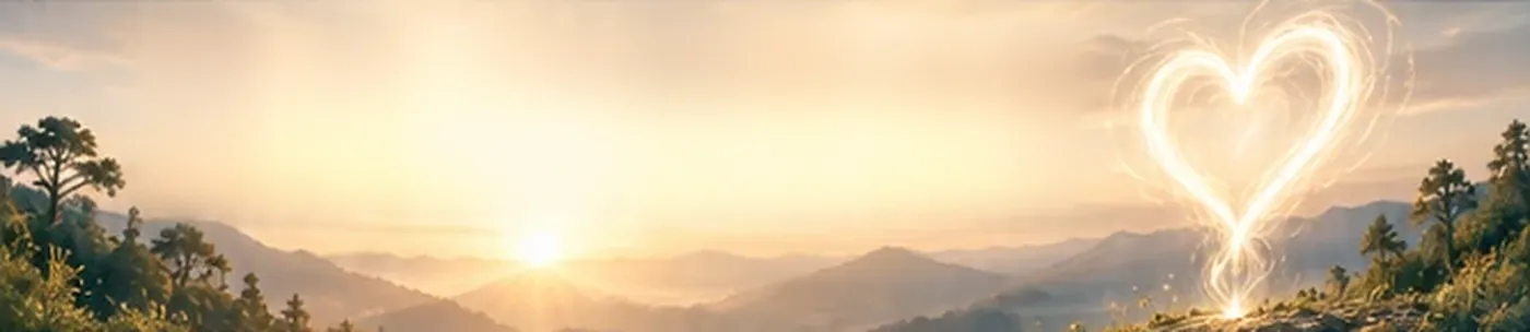 A heart of golden light rising over mountains at sunrise