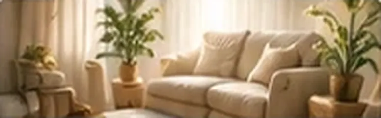 A sunlit living room with a cream sofa and green plants