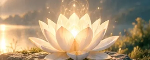 A white lotus glowing with golden light at sunrise