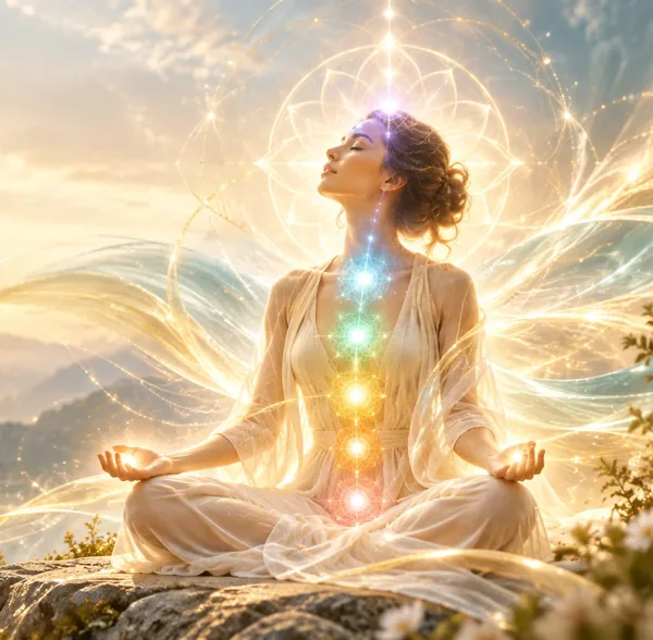 A woman meditating in soft morning light, a flowing aura of gold and pearl around her and her chakras glowing gently