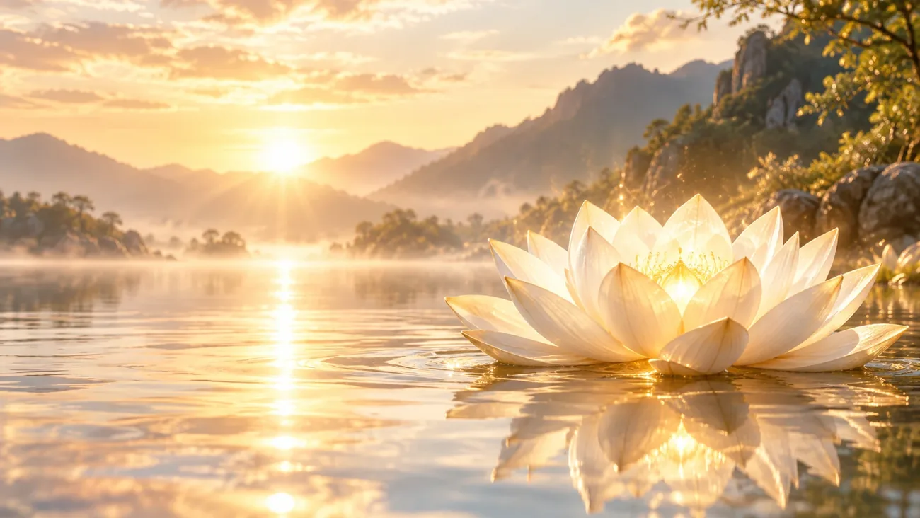 A luminous white lotus resting on still water as the sun rises over misty hills