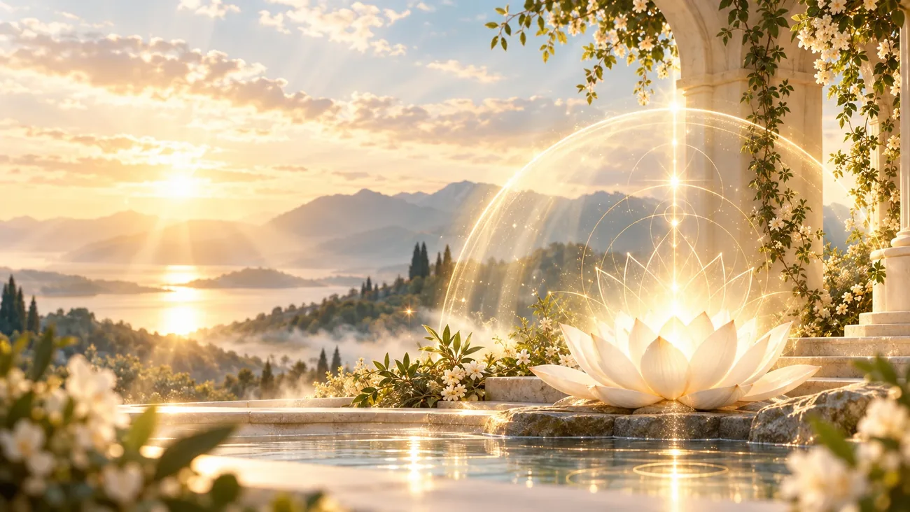 A white lotus glowing inside a soft dome of protective golden light on a sunlit terrace